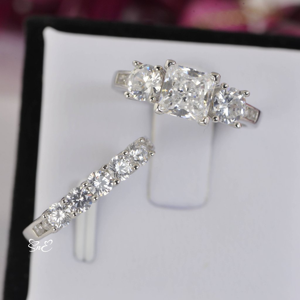 New 3 Stone Real 925 Princess Diamond Cut Wedding Rings Engagement Ring